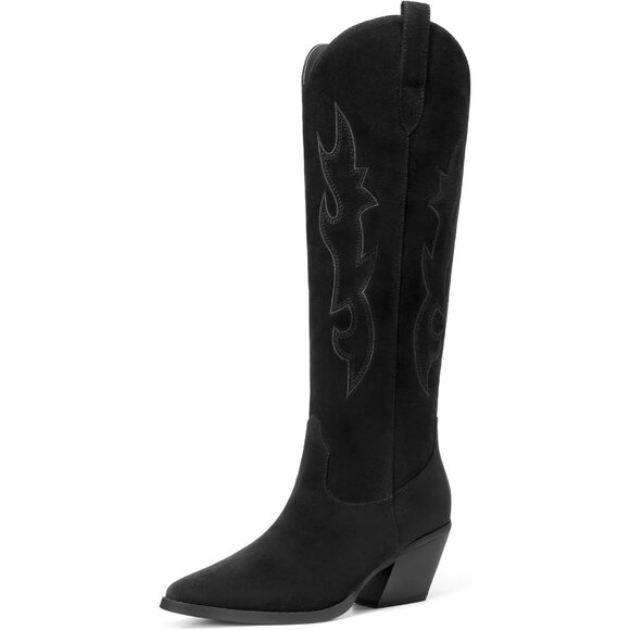 Shoes - Women's Black Western Cowgirl Boots Knee High Pointed Toe Chunky Block Heel